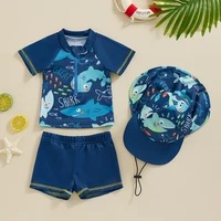 Baby Kids Boys Rash Guard Set Short Sleeve Shark Dolphin Print Top with Shorts Hat Swimsuit Summer Swimwear 2