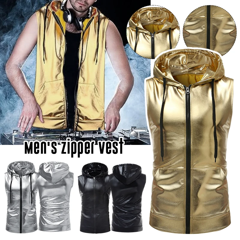 Shiny Metallic Tank Tops Men Fashion Hip Hop Sleeveless Hoodie Tank Male Nightclub Party Dance Stage Harajuku Streetwear Tees modal sleeveless tees maternity clothes women breastfeeding tank tops pregnant nursing clothing pregnancy shirt ropa embarazada