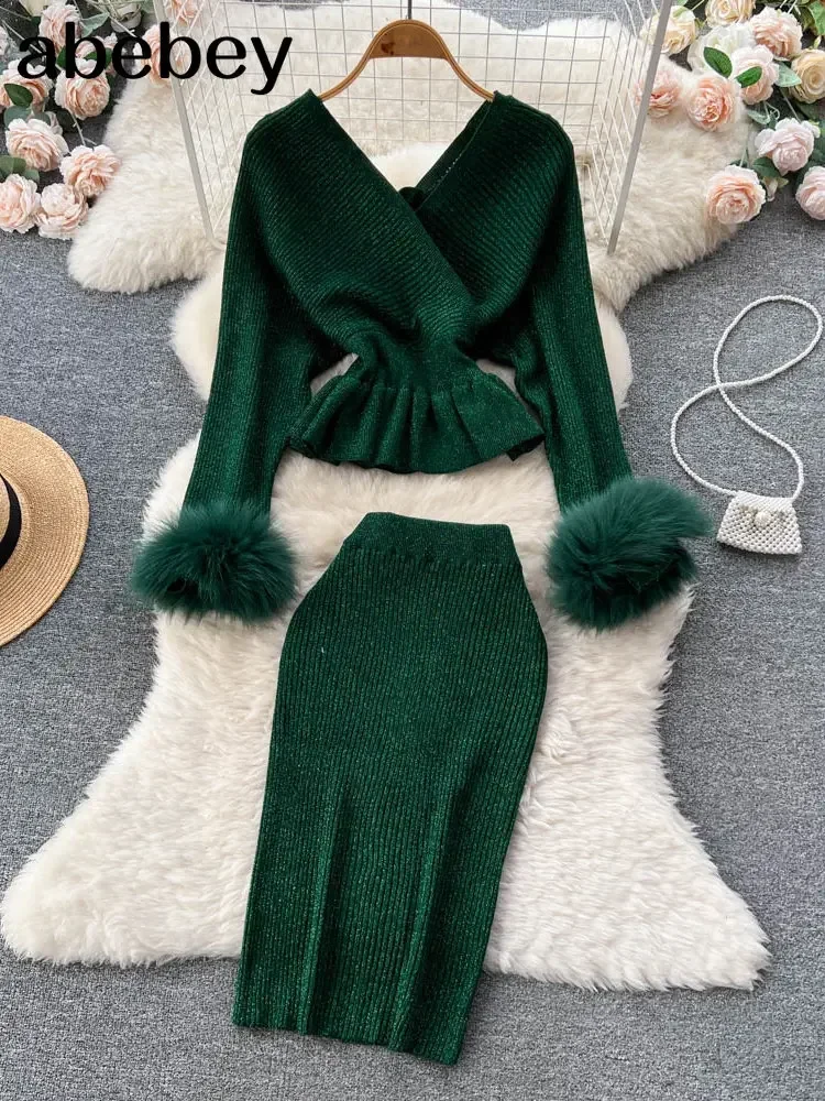 Two Piece Set Women Skirts Long Sleeve Crop Tops+Pencil Skirt 2 Piece Set women Women Sweater+Knitted Skirt Set Winter Suit