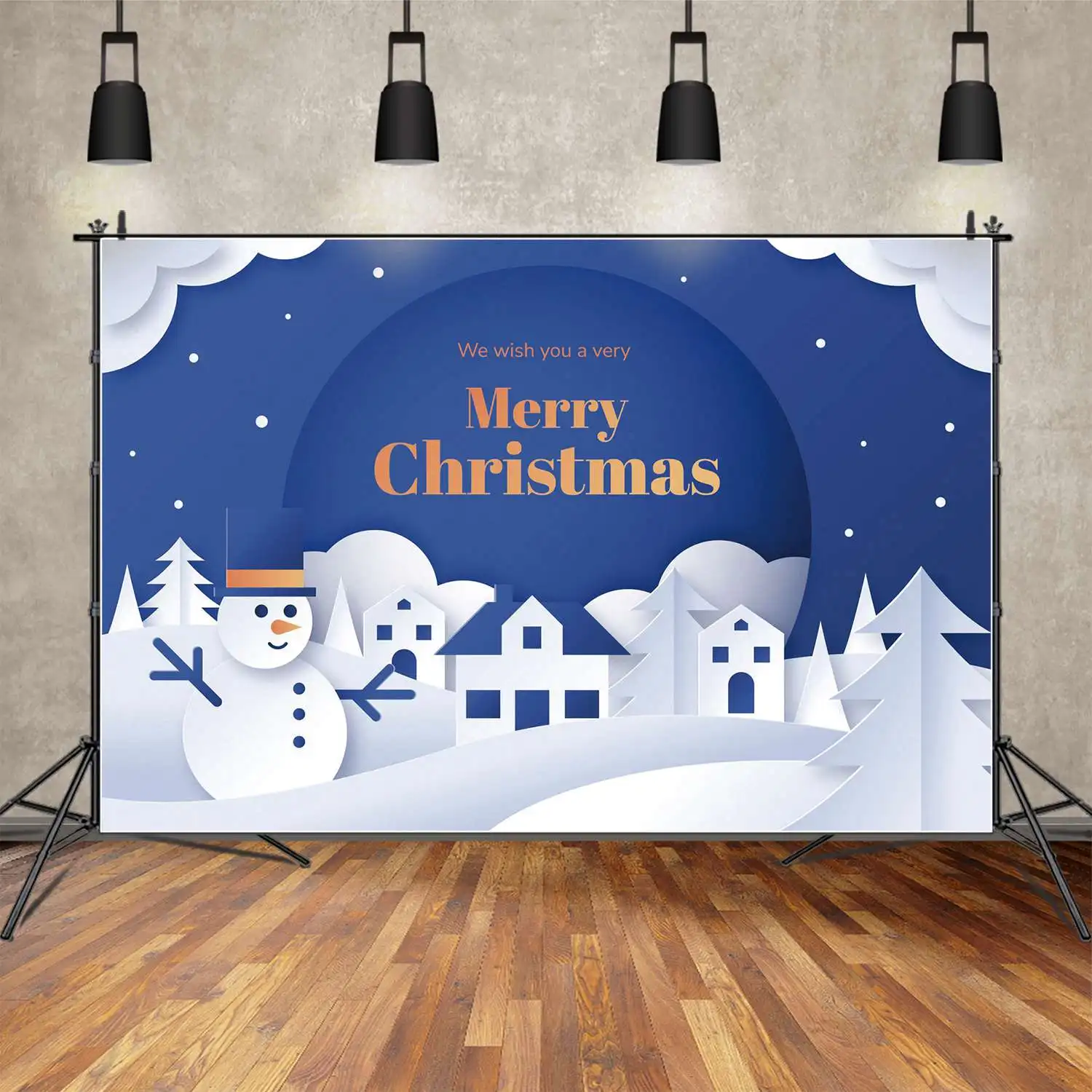 

MOON.QG Backdrop Merry Christmas Boy White Snowman Mountain Home Party Banner Background Snow Ground Blue Sky Photo Booth Props