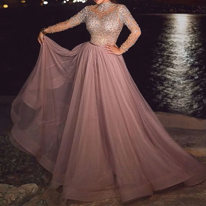 

New 2022 Women Elegant Sweet Wedding Dress Sequins Sexy Hollow Lace-up High Collar Long Sleeve Fashion A-Line Evening Gown