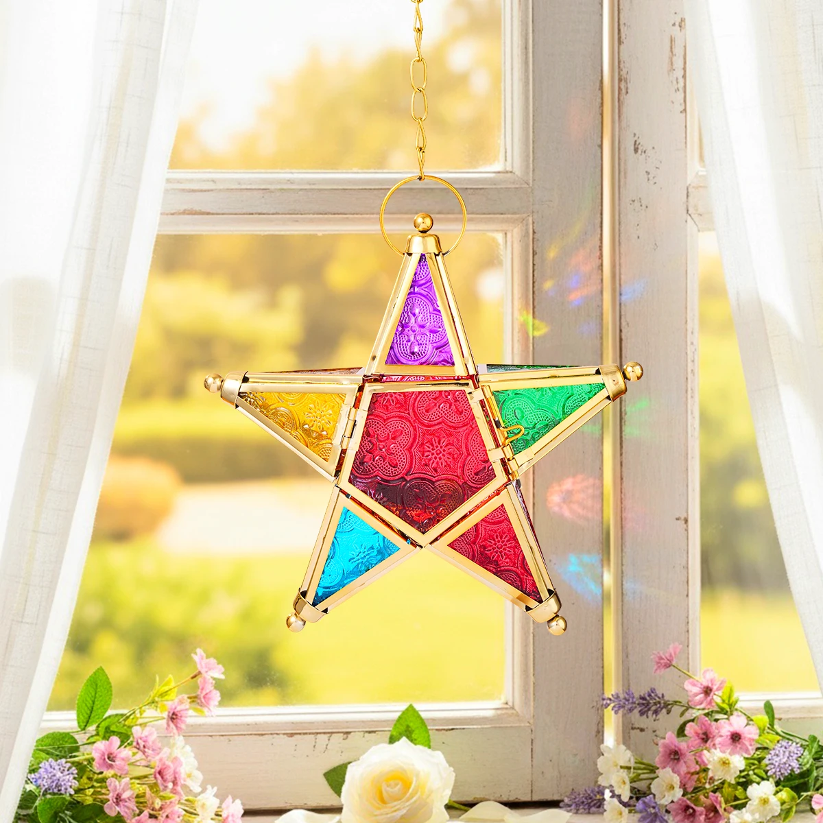 1 piece forged iron painted glass five-pointed star hanging candlestick, suitable for home and restaurant decoration