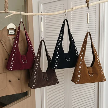 Borsa a tracolla vintage in pelle scamosciata da donna, borsa hobo alla moda, grande capacità, borsa a spalla con rivetti, borsa shopper grande.