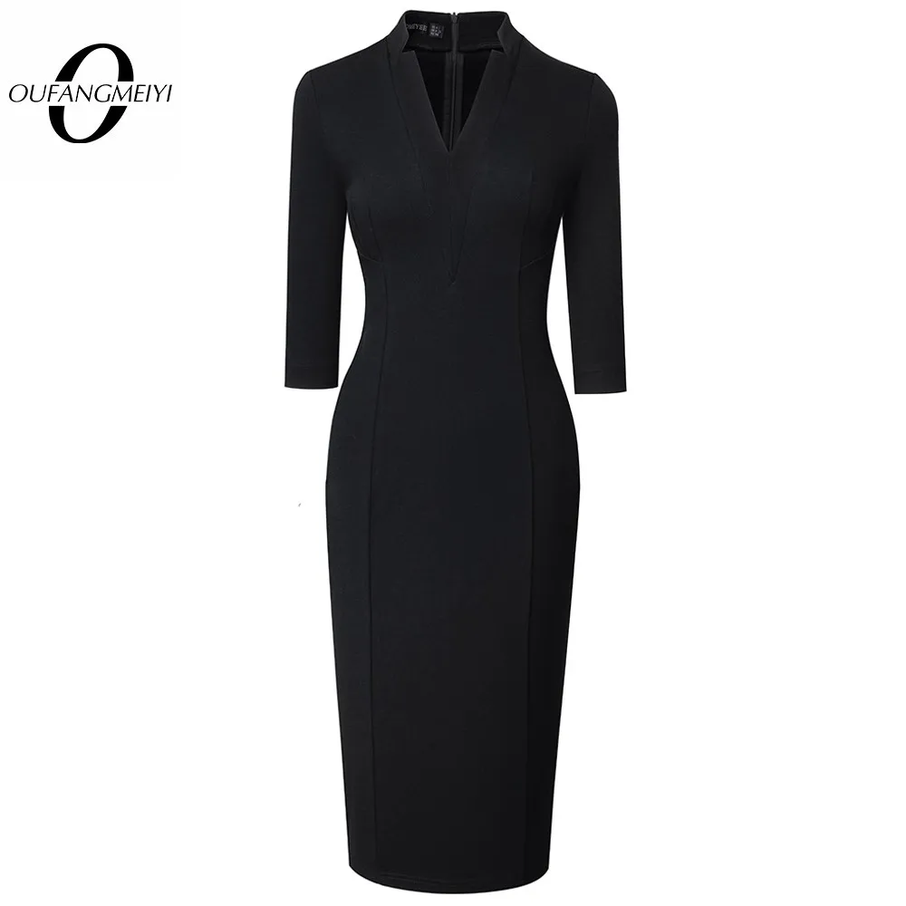 AutumnWomenClassyPureBlackDressesFormalOfficeElegantPencil