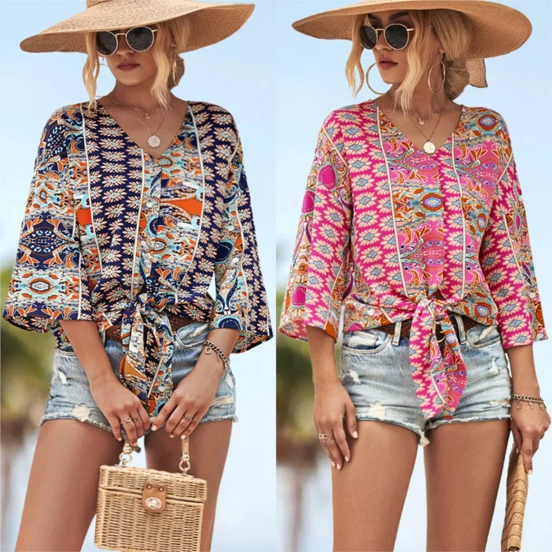 

Повседневный пуловер сезона осень-зима 2023 года, модная свободная Асимметричная женская рубашка с V-образным вырезом и ремешком с принтом, блузка, женская блузка