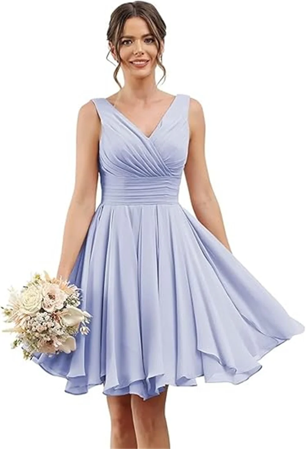 Sleeveless V Neck Chiffon Short Bridesmaid Dress With Pockets A Line Pleats Homecoming Dress For Teen Mini Party Gown