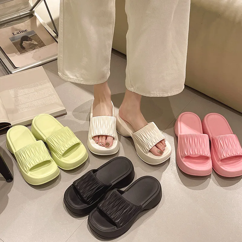 Fashion Women's Slippers Summer Thick Shoes Soft Sole Home Beach Slippers Wrinkle Texture Outdoor One Line EVA Sandal Slippers