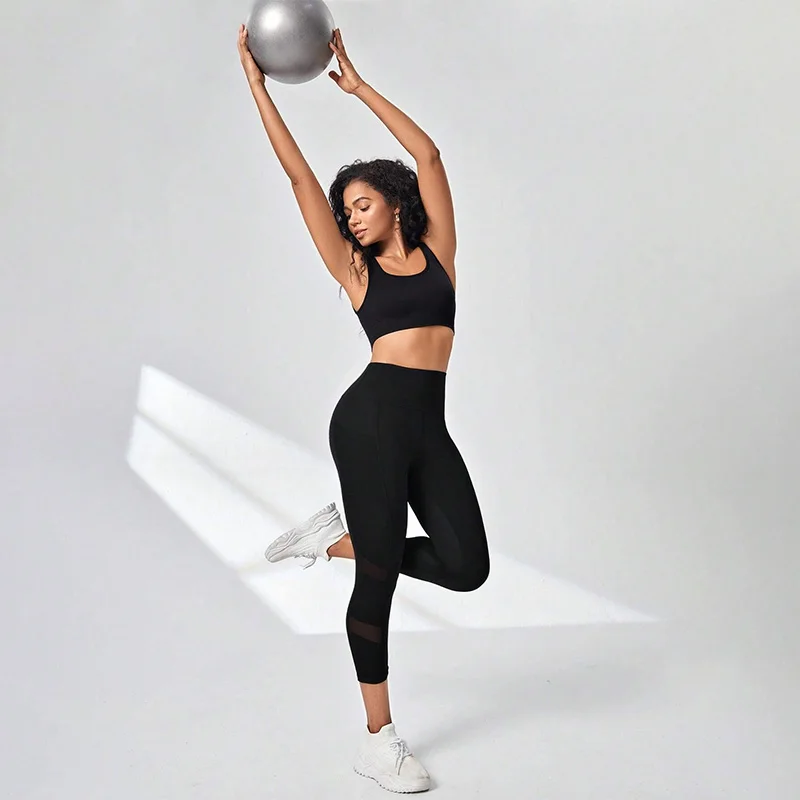 Mesh High Waist Yoga Pants Capri Leggings Women Pockets Tummy Control Workout