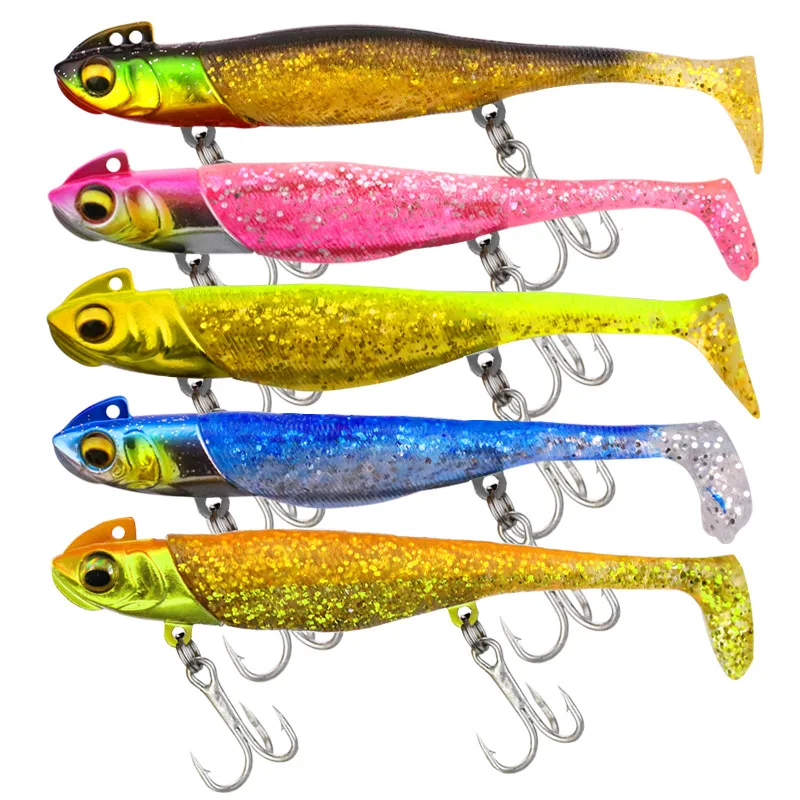 

Silicone Fish Bait Fishing Lead Lures Tack with 2 Triple Hooks Replace Fish Body Soft Lure Sinking Jig soft Bait for Bass Pike