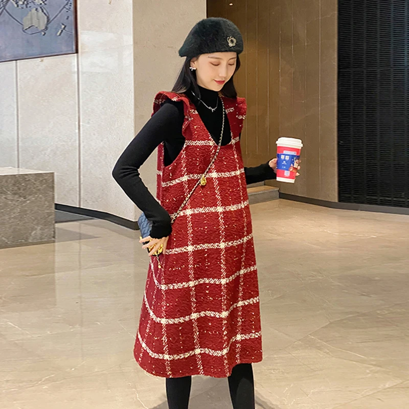 

Winter Maternity Dress Suits Korean Style Long Sleeve Sweater+plaid Sundress Two Pieces Clothes Set Fashion Pregnant Woman Sets