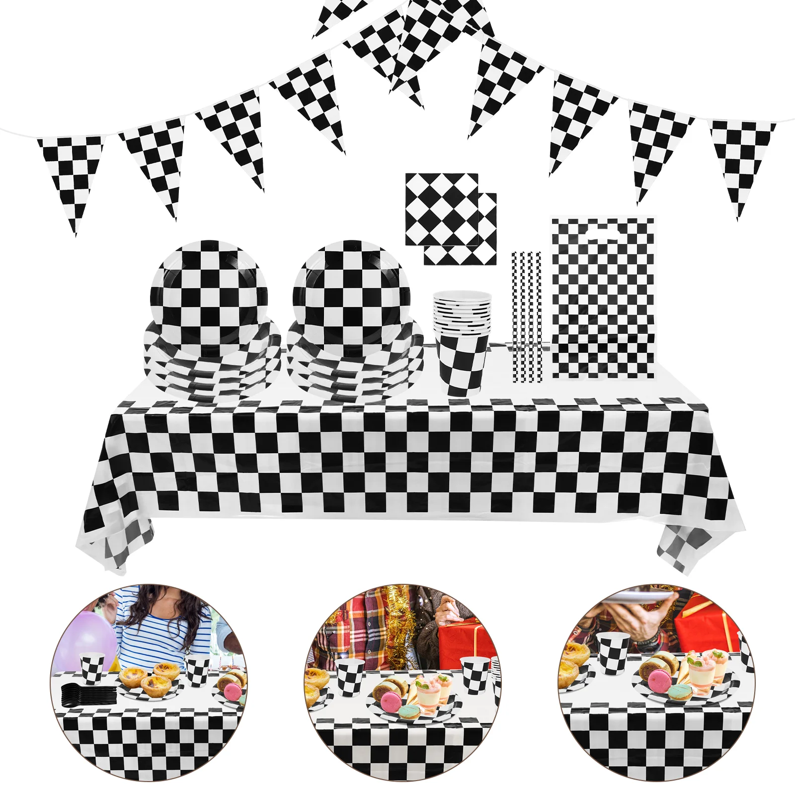 

Set Racing Theme Ornament Checkered Tablecloth White Cardboard Race Birthday Decorations