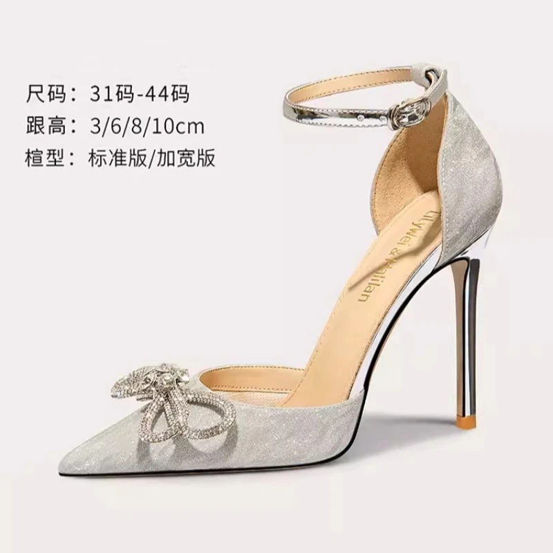 

Spring/Summer Pointed Hollow Sequin Water Diamond Bow Single Shoes Thin High Heels Banquet Dress Large and Small Women's Sandals