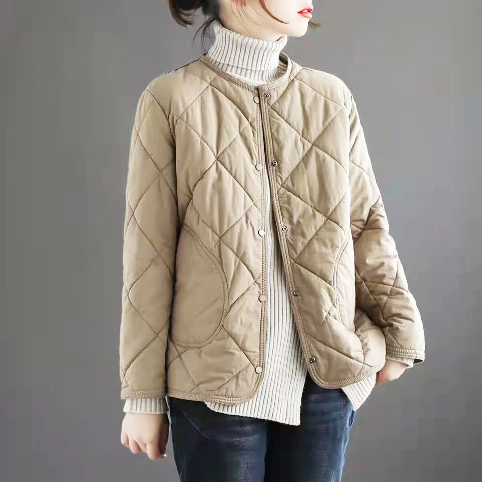 New Korean Version Loose and Thin Round Neck Diamond Lattice Cotton-padded Jacket Women 2022 Winter Simple Cotton-padded Jacket