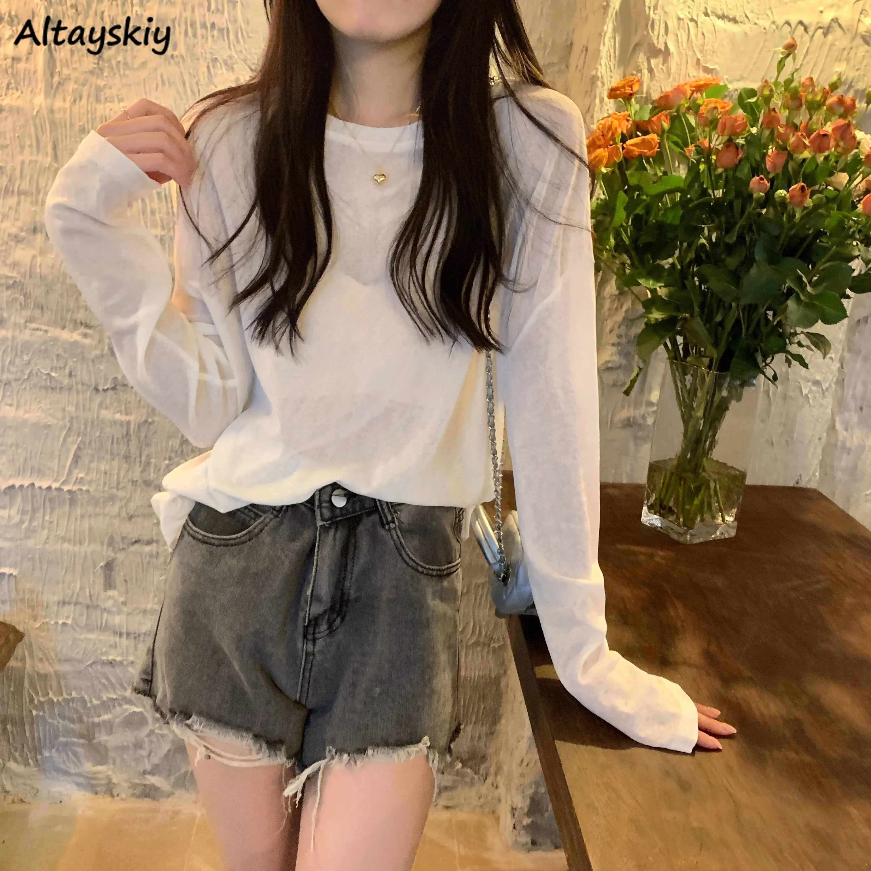 

Футболки Женские однотонные тонкие дышащие прозрачные пикантные с длинным рукавом в Корейском стиле карамельных цветов Лидер продаж для девушек летняя уличная одежда Ulzzang