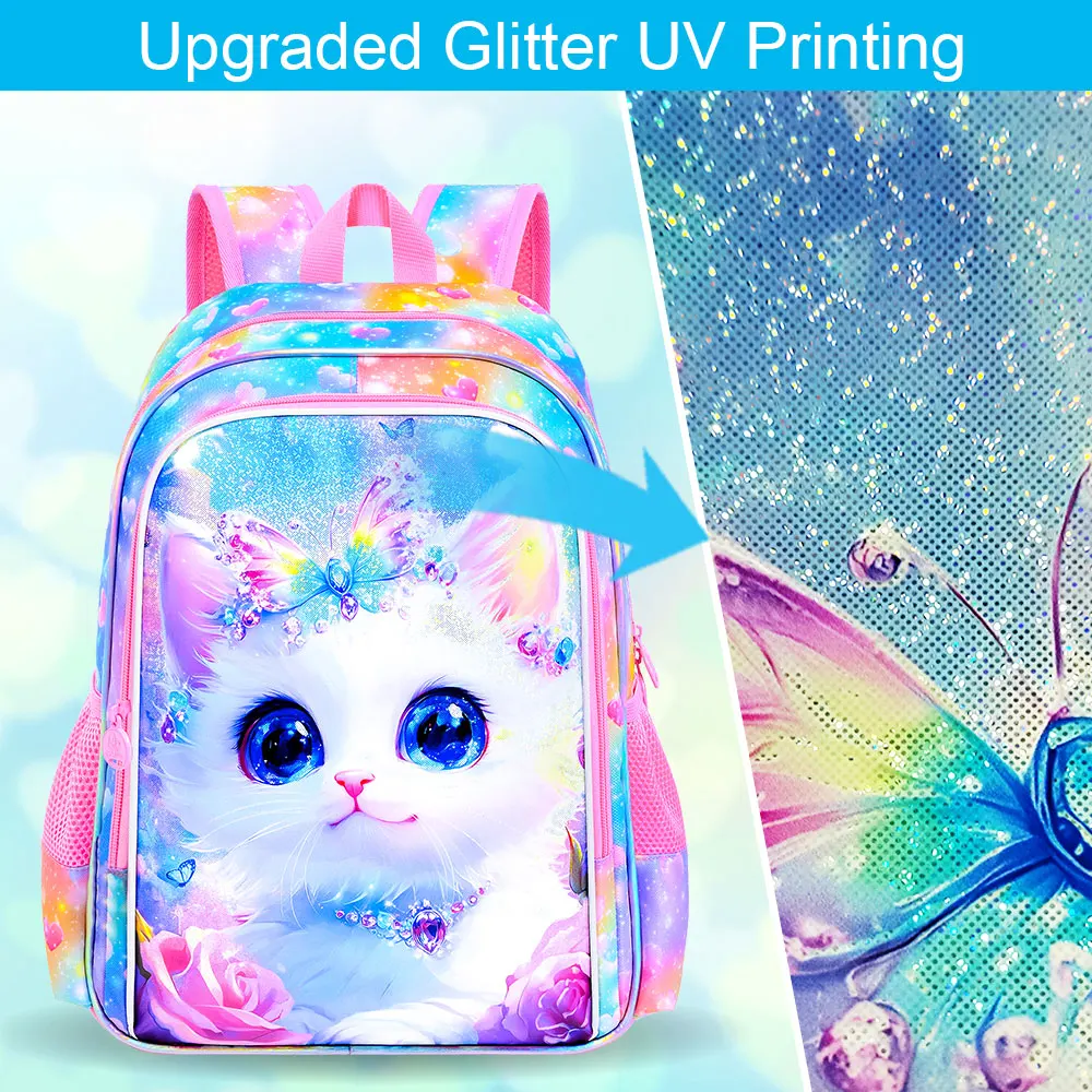 3Pcs Cat Backpack for School, 16" Girls Backpacks Set for Elementary Preschool Kindergarten, Kids Bookbag with Lunch Box (Rainbo 6