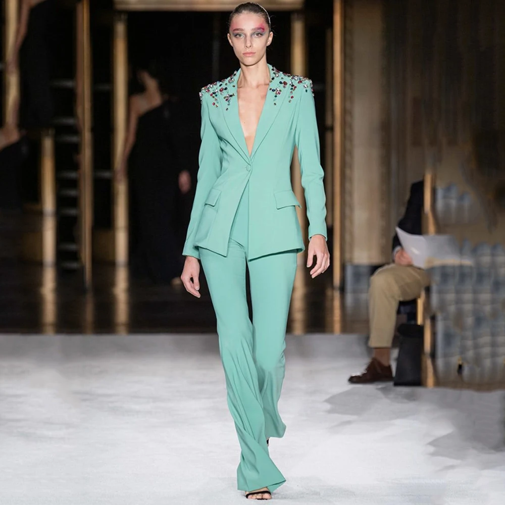 

Women Suits Luxury Crystal Beaded 2 Pieces Pocket Blazer Pant Custom Made Fashion Elegant Celebrity Modern Jacket