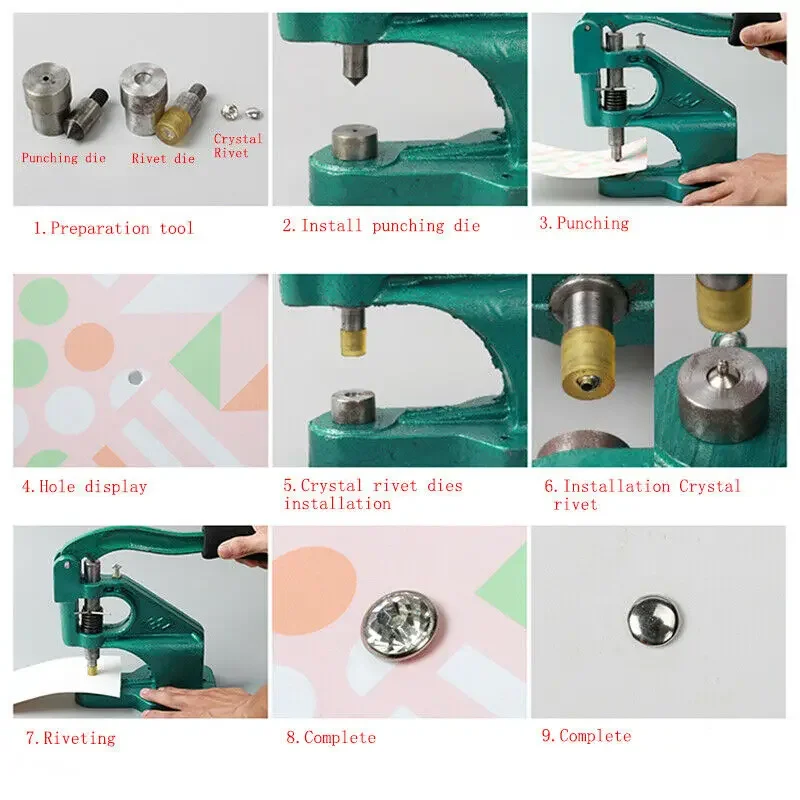 Crystal Rhinestone Rivets Dies Snap Tools 1set 5-10mm Manual Punching Machine 6mm Back Base