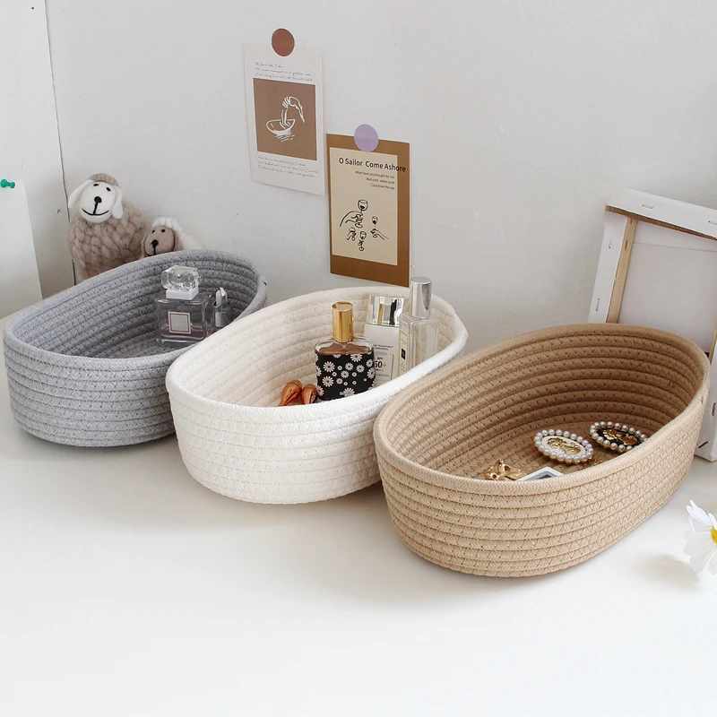 Cotton Rope Woven Storage Baskets Cosmetics Desktop Organizer Table Top Sundries Key Bedside Storage Basket 1