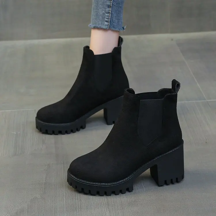 Women Suede Ankle Boots Fashion Metal Decoration Slimming Short Booties Autumn Winter Female Thick Heel Shoes 2025