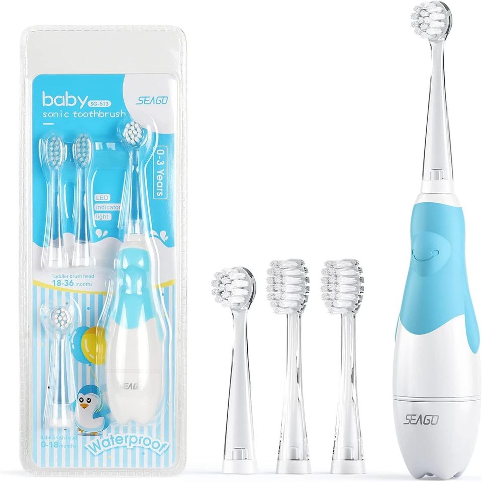  SEAGO Toddler Electric Toothbrush for Ages 1-3 Years Baby Electric Toothbrush with Smart LED Timer and Sucker Base 4 Brush Heads