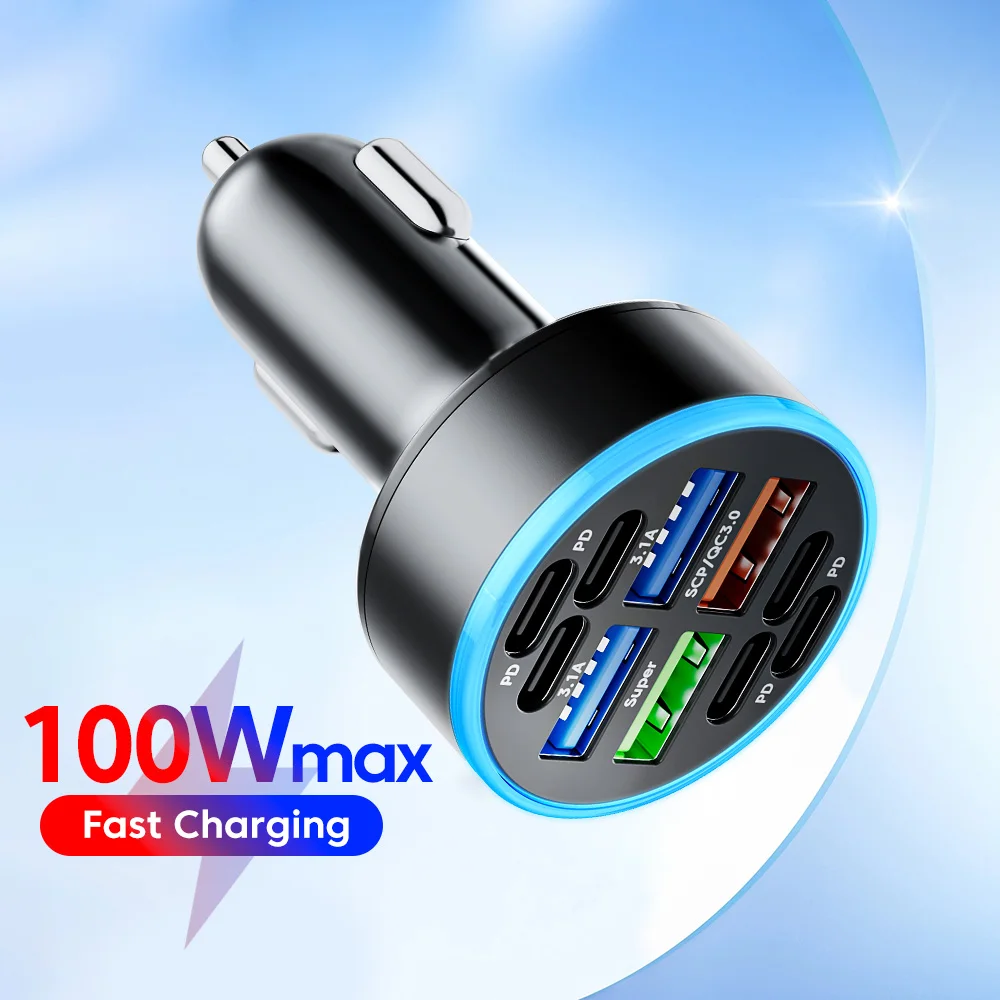 Car Charger 100W Multi Ports USB C Fast Charging PD USB Type C Quick Adapter For iPhone Samsung Xiaomi
