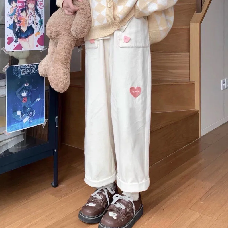 

Autumn Japanese Kawaii Cute Lolita Pants Women Pockets Casual Sweet Love Corduroy Long Trousers Girly High Waist Korean Clothing