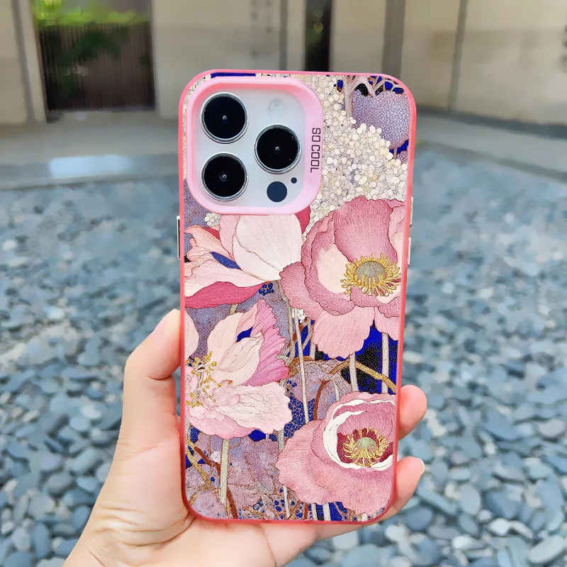 Blumen Sommer Rosa Blumenmuster Handyhülle für iPhone 17 14 15 16 Pro Max Plus 13 11 12 Mini Pro Max Stoßfeste Laser-Schutzhülle Fundas – Detail 5