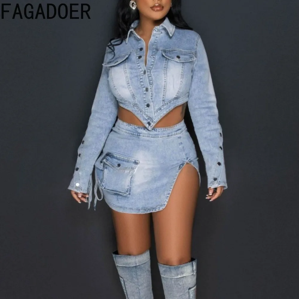 FAGADOER Fashion Streetwear Women Denim Button Long Sleeve Irregular Crop Top And Mini Slit Skirt Outfits Female Cowboy Clothing protective cover sheath cable sleeve welding tig torch hydraulic hose wrap welding gun denim silicone fireproof leather cover