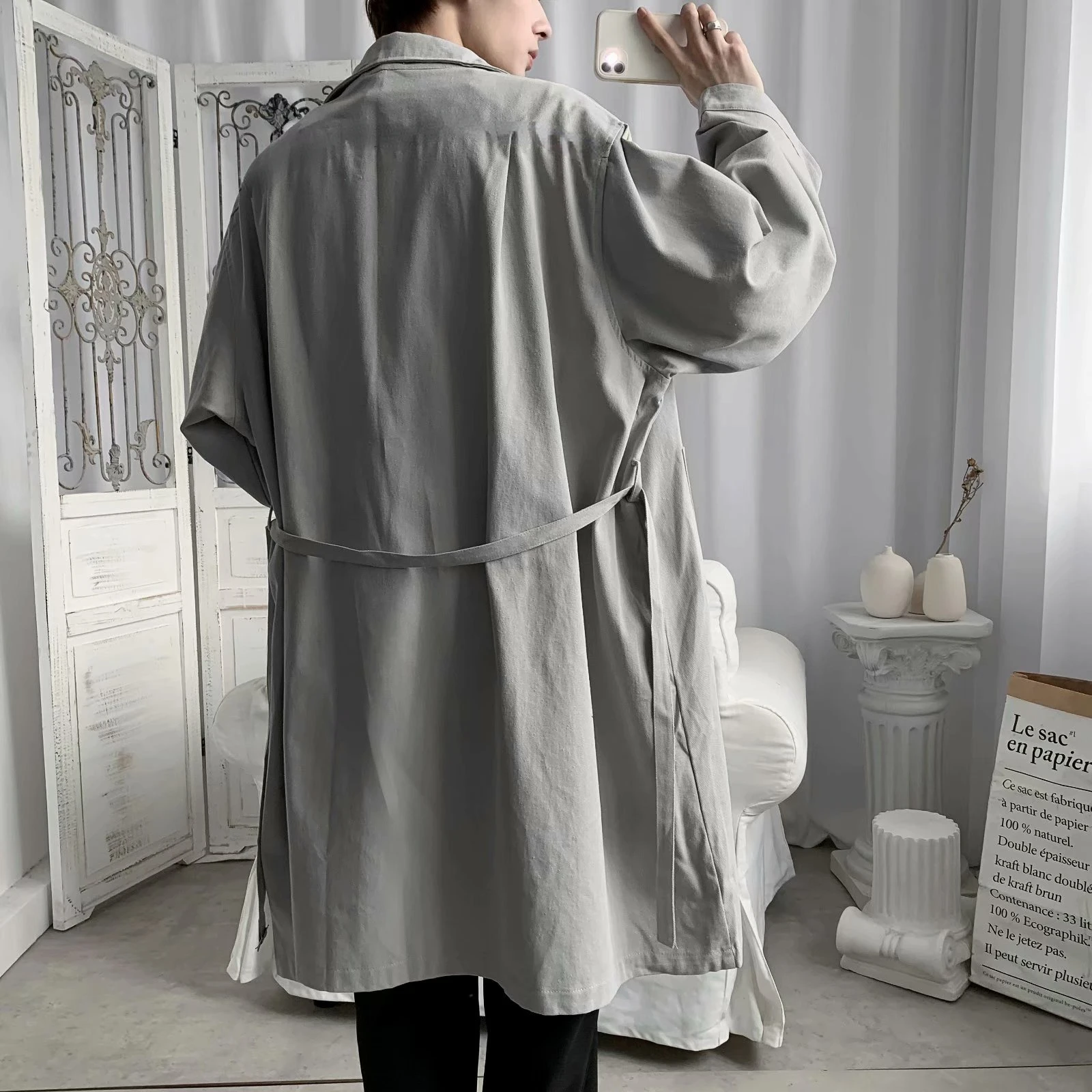 Trench Men Loose Solid Coats All-match Casual Handsome Turn-down Collar Tops Hong Kong Style Design Sashes Male Chic