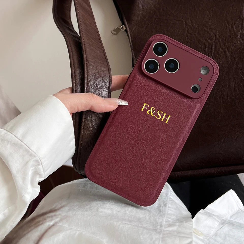 Personalized Custom Name Initial Gold Hot Foil Engraved Luxury Faux Leather Case For IPhone 17 16 15 14 13 Pro Max Plus_voghion.com