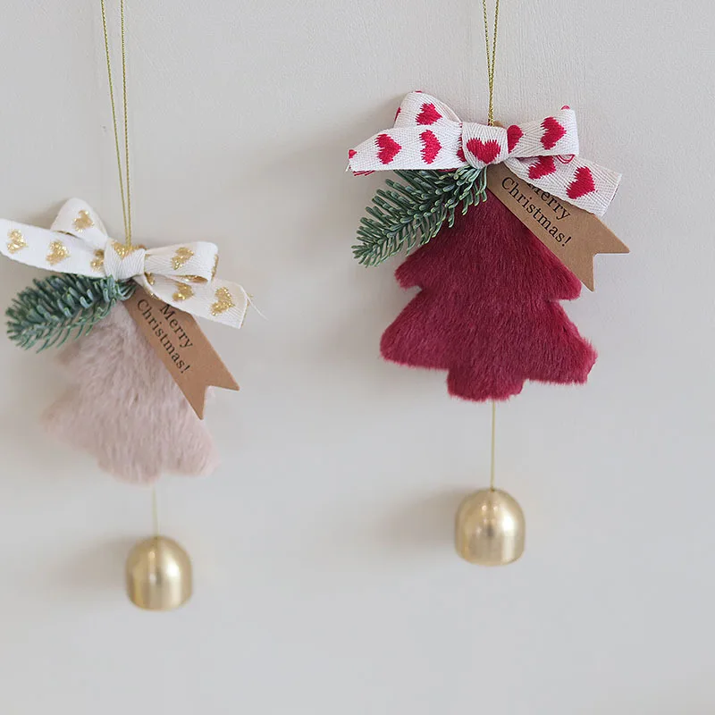 

New Year Christmas Door Wall Hanging Christmas Tree Red White Handmade Woolen Plush Copper Bell Pendant Norbesson Accessories