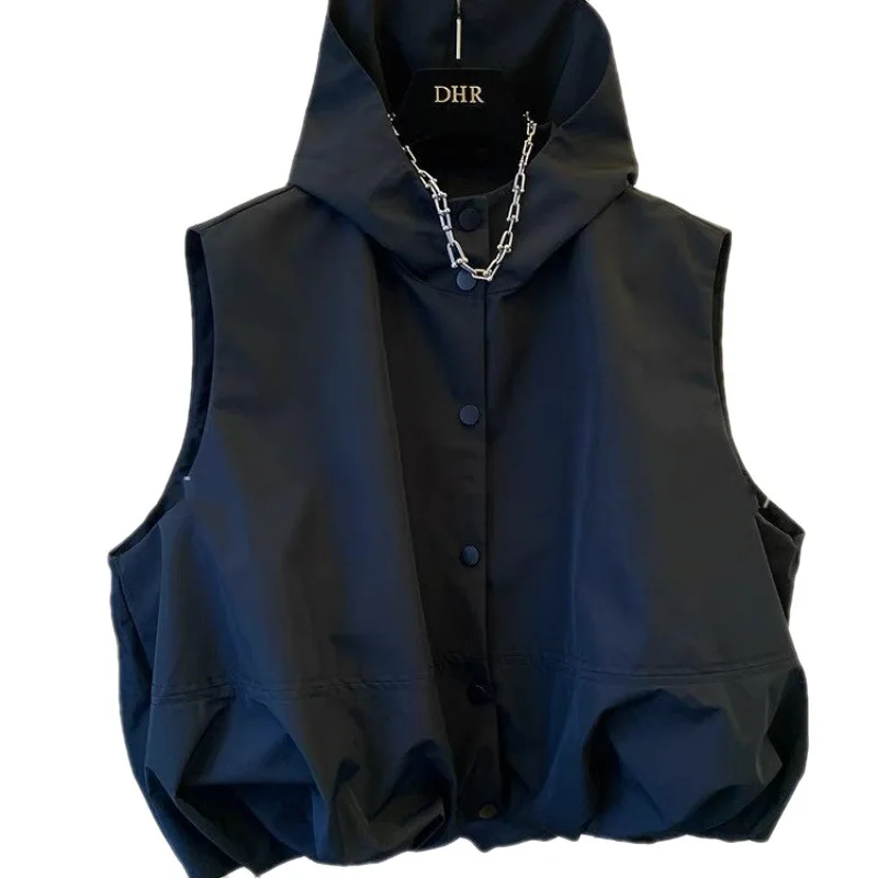 2024 Fashion Hooded Sports Casual Style Vest Coat Windbreaker Women's Loose Casual Autumn Wear New Style