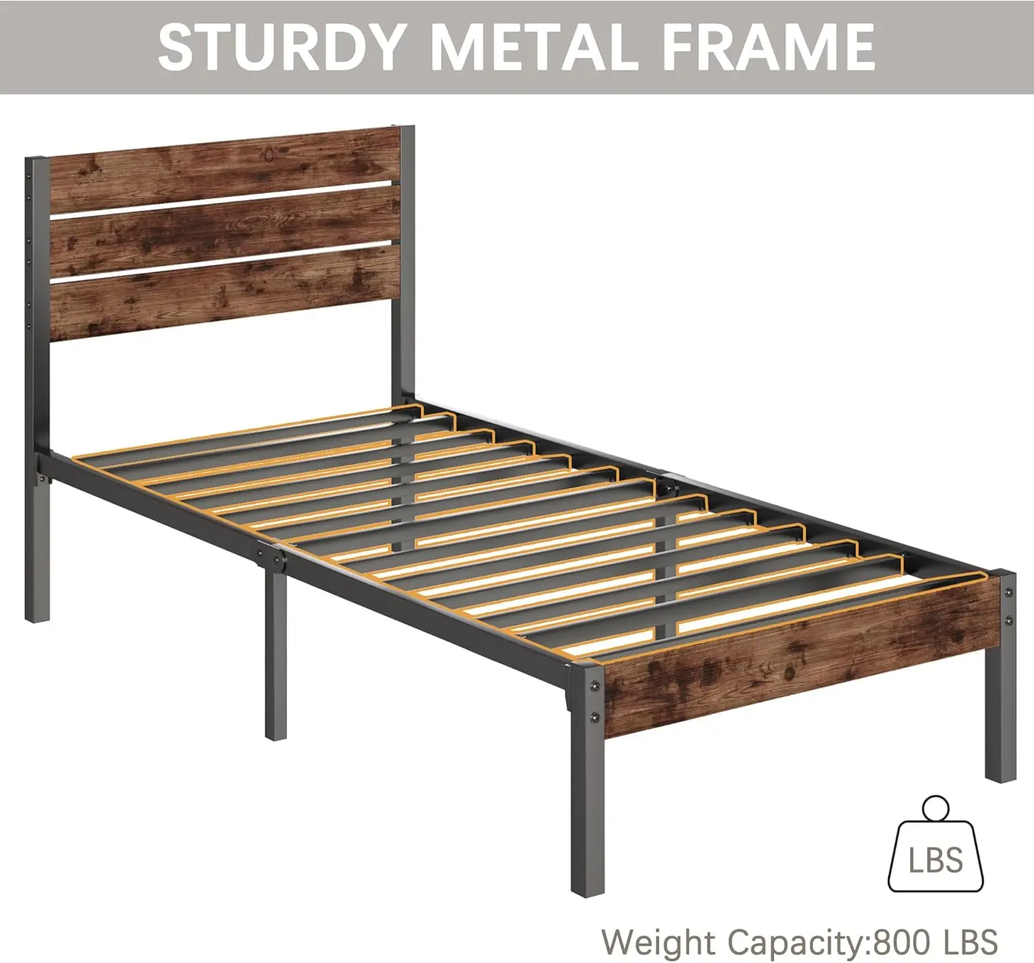 Bed with Headboard and Footboard, Metal Twin Bed Frame with Under Storage, All-Metal Support System, No Box Spring Needed, E