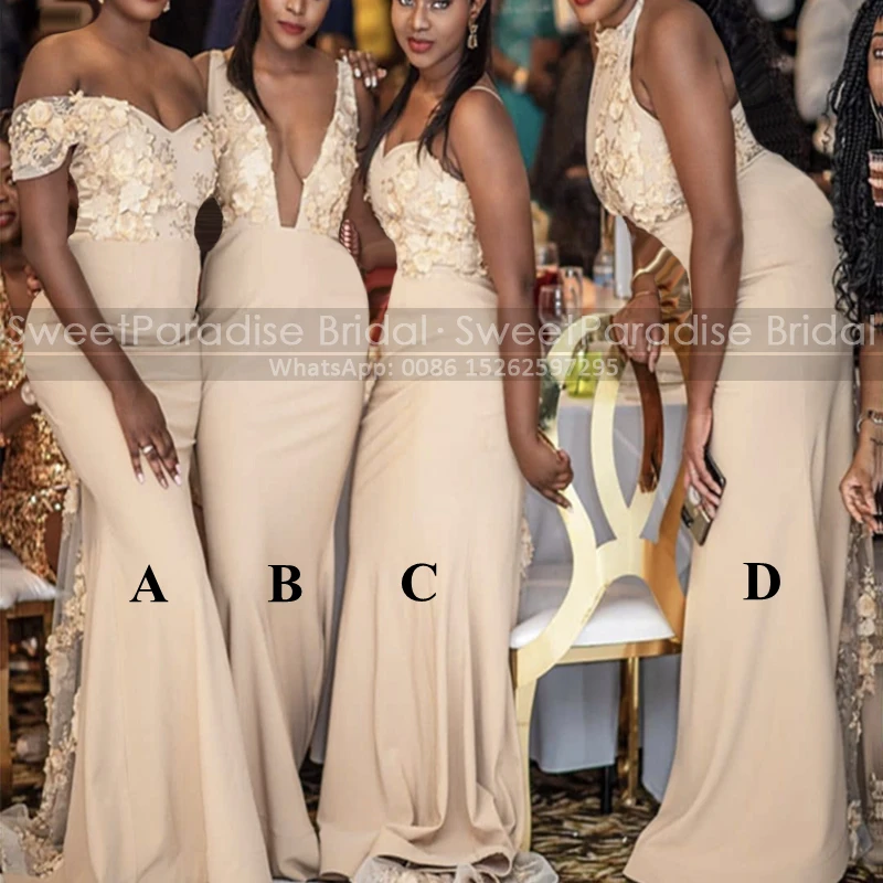 

Champagne Floral Appliques Bridesmaid Dresses Mermaid Off Shoulder Long Sheer Lace Plus Size Women Formal Party Dress Gown