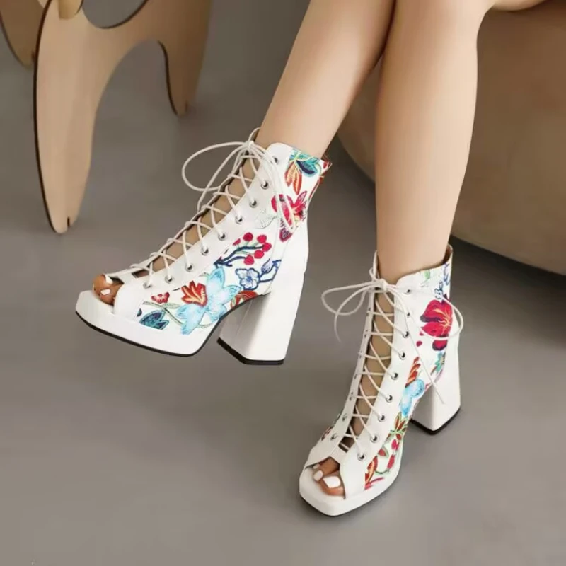 Summer Lace Up Fish Toe Boots Sexy Women's Chunky Heel Shoes Fashion