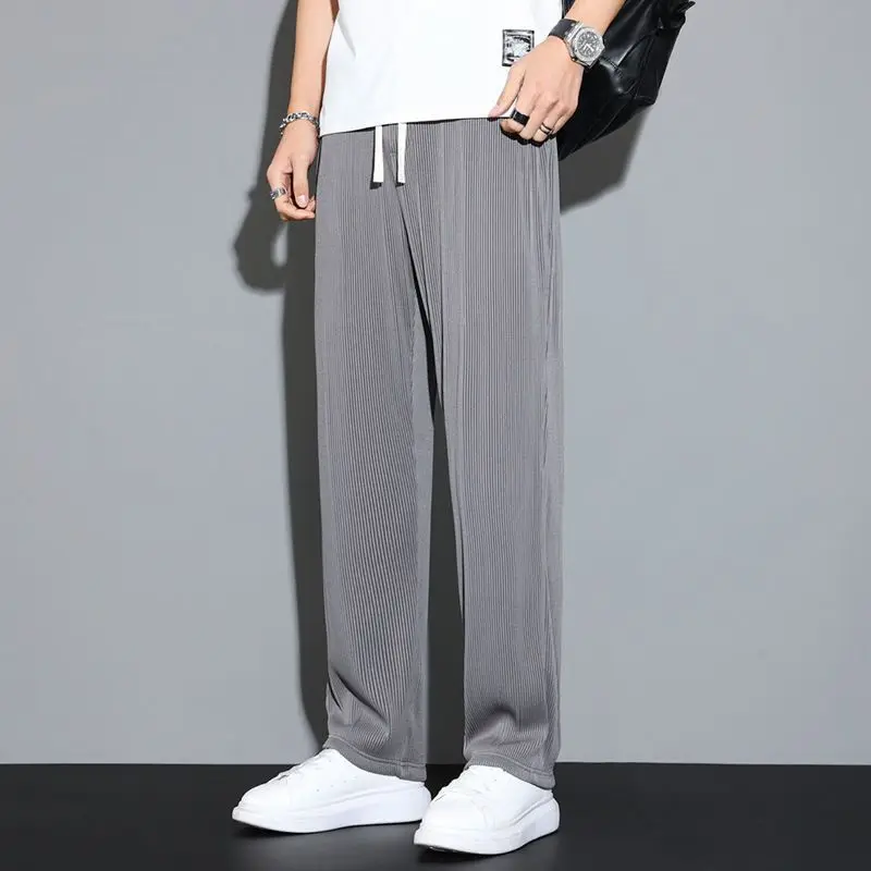 Summer New Sagging Ice Silk Loose Wide Leg Pants Men\'s Solid Thin Elastic Waist Drawstring Straight Quick Drying Casual Trousers