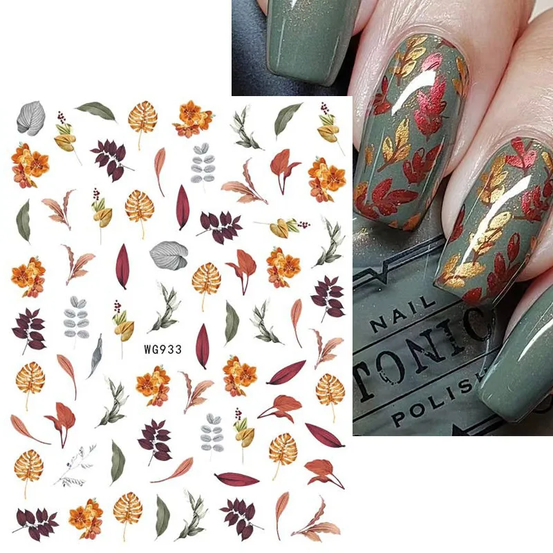 

Autumn Maple Leaves Nail Sticker Fall Yellow Leaf Nails Sliders Halloween Pumpkin Fruit 3D Adhesive Stickers Decals Decoration