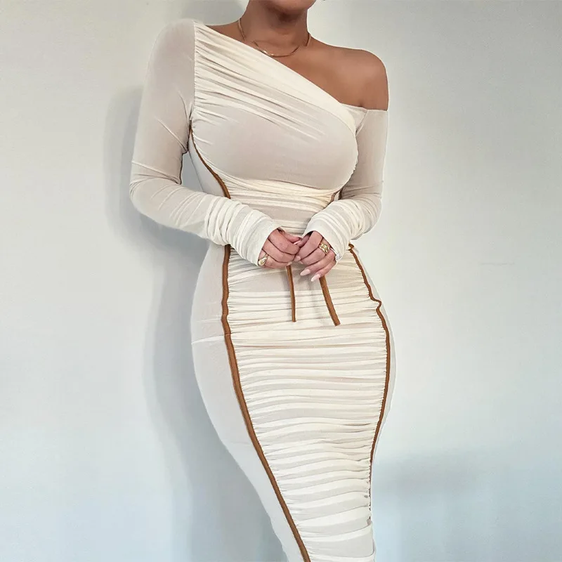 White Mesh Off-Shoulder Maxi Dress Female Long Sleeve Patchwork Fashion Contrast Summer Backless Ladies Party Long Dress