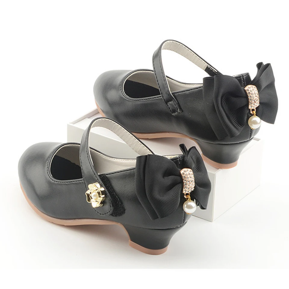 Formal Occasion Children's Black White Pink High Heels Luxury Leather Shoes Pageant Girls Wedding Bridesmaid Elegant Party Shoe 4