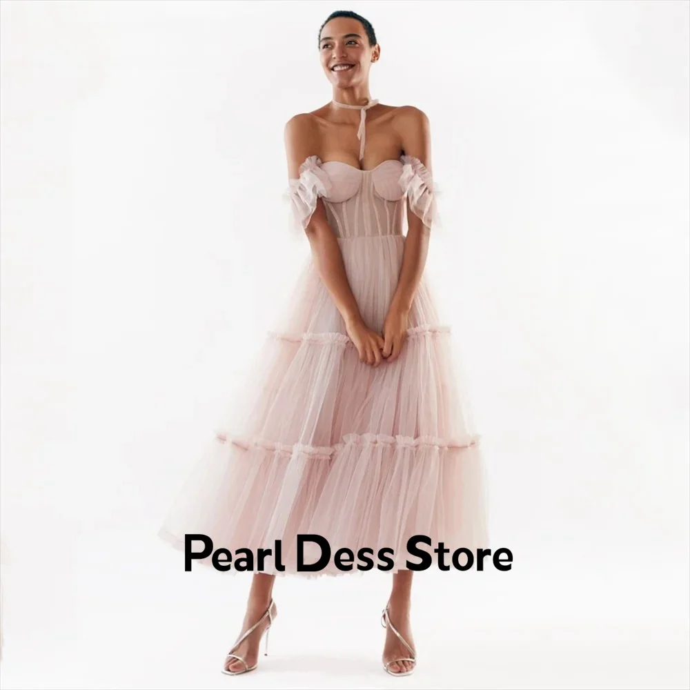 

Женское Прозрачное платье с открытыми плечами, Розовое Бальное Платье с коротким рукавом, модель 2024