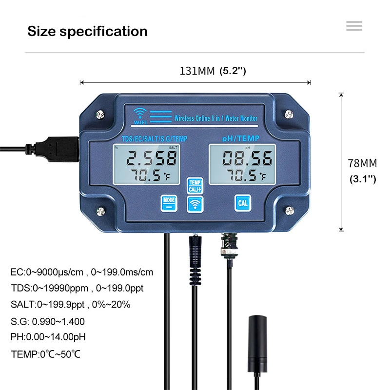 VNTECH 6in1 Smart Water Quality Tester, 24 Hrs Tuya App Monitoring of pH EC TDS Salinity SG Temperature, for Aquariums,Lab,Etc