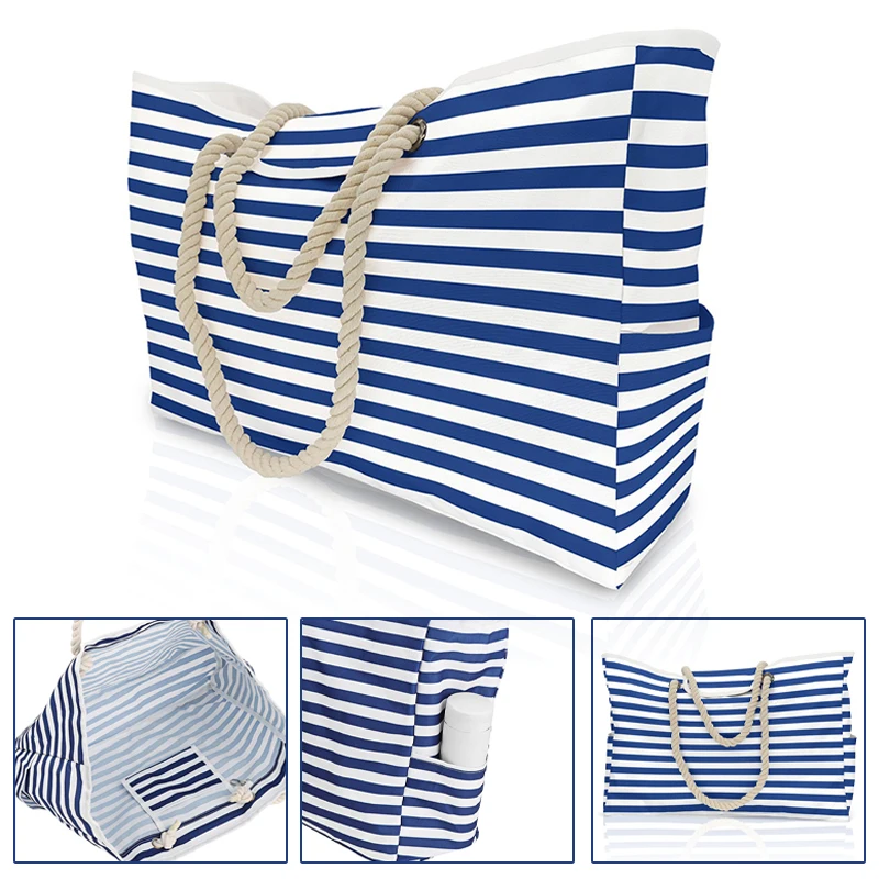 Extra Large Beach Bags for Women Striped Waterproof Sandproof Lightweight Durable Shoulder Tote Bag with Zipper Swim Pool Bag