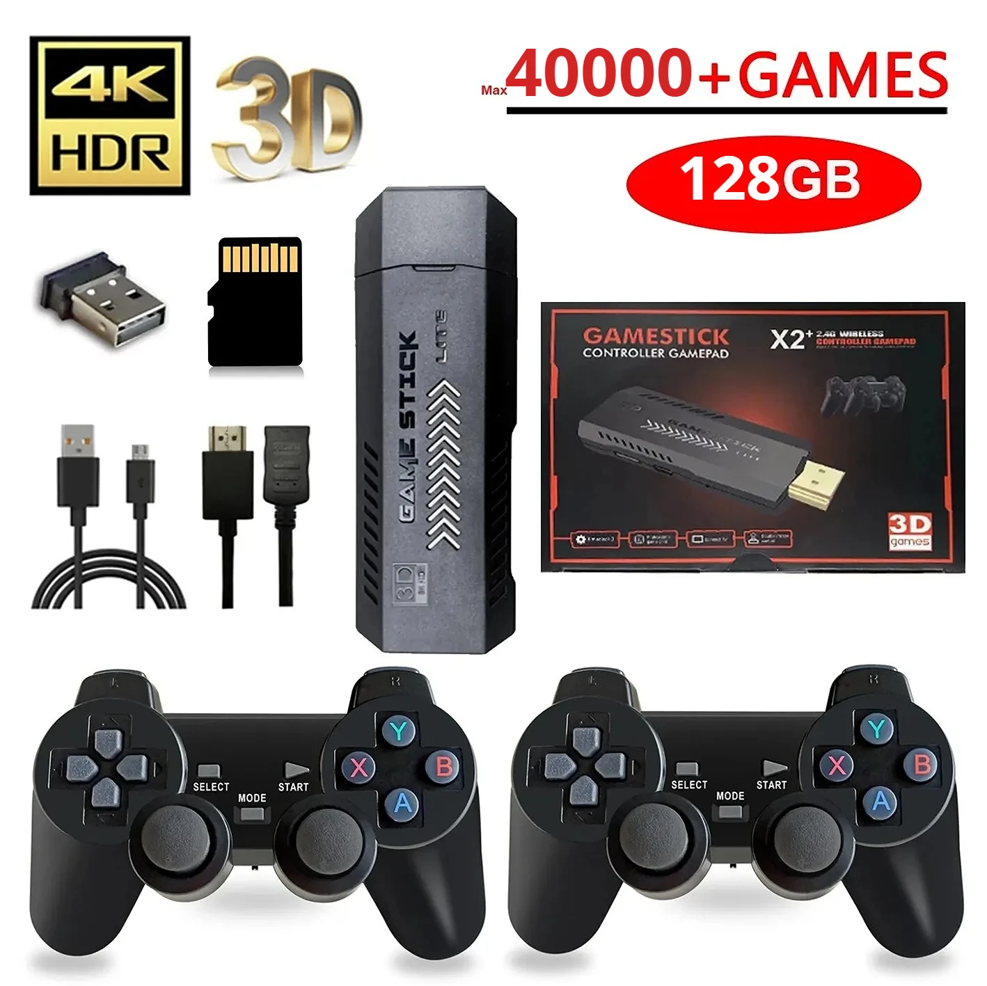 Controlador sem fio retro do console de videogame, 3D HD Stick, 4K, emulador para PS1, N64, DC, X2 Plus, 128G, 40000 Game GD10 Pro, TV 50