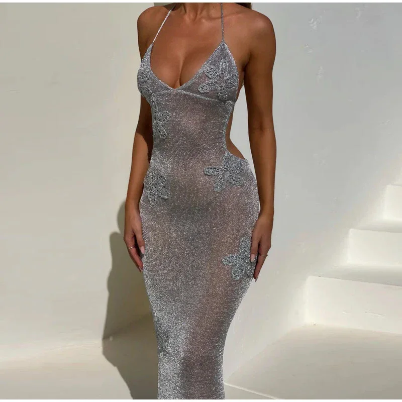 Sexy Embroidery See Through Long Dress Women Knitted Slim Backless Sleeveless Bodycon Dresses 2025 Summer Beach Party Robes New