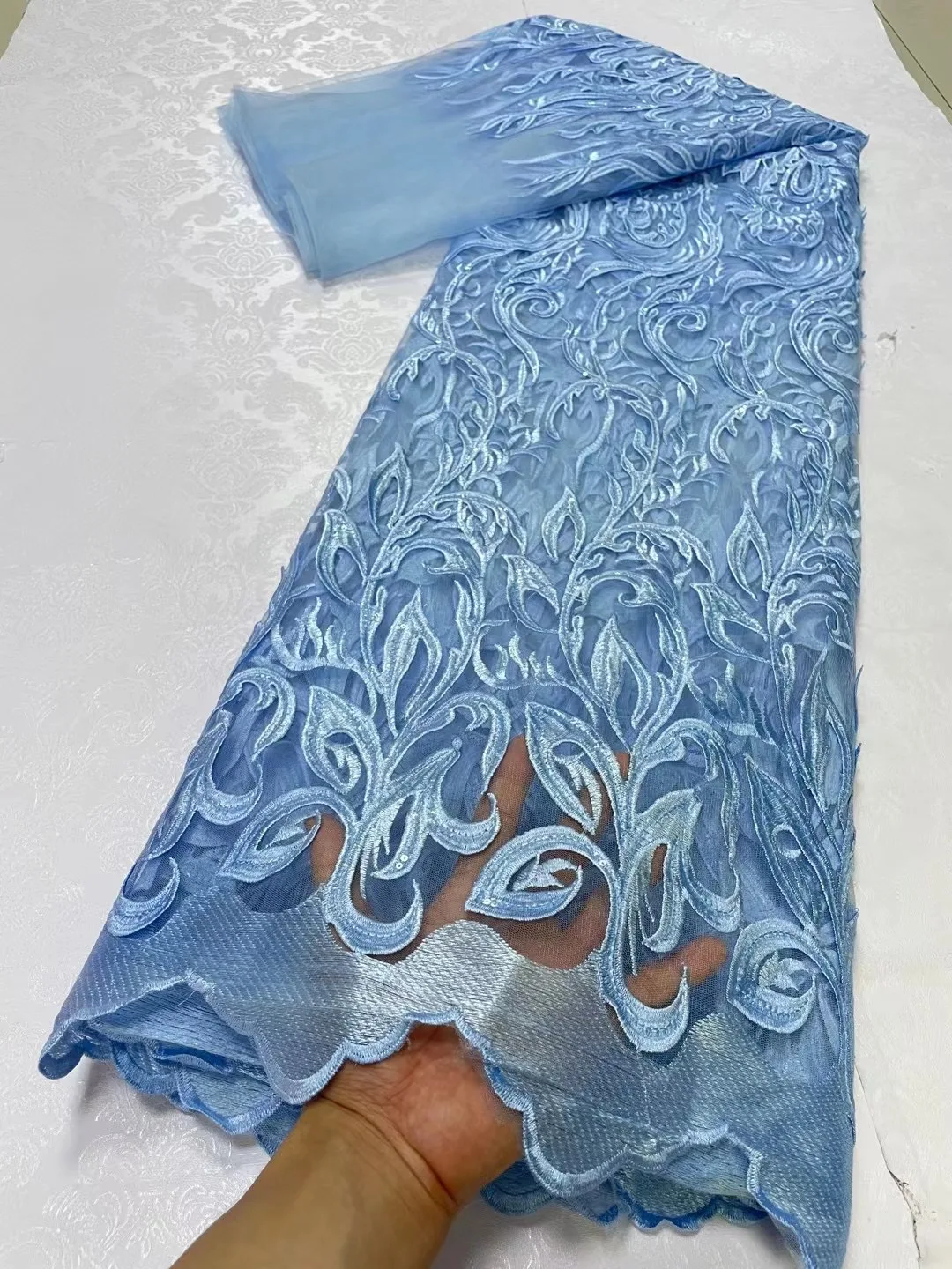 

5 Yards Sky Blue French Milk Silk Lace Fabric 2023 High Qualit African Sequins Tulle Lace Fabric Nigerian For Bridal Prom Dress
