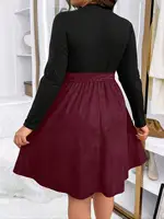 Women's patchwork dress with two-color waistband, plus size, autumn and winter, large size, double-color belt, A-line dress, can - Image 2