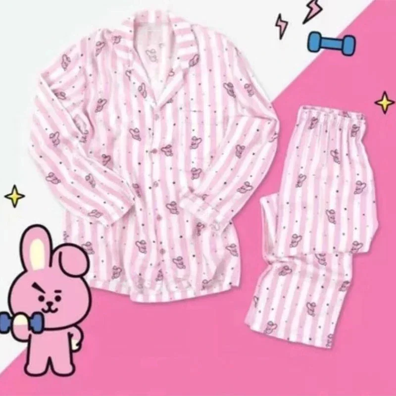 Print Women's Striped Cartoon Cute Pajamas Set Top Shirts Pants Kawaii Homewear Suit Female Spring Summer Korean Sleepwear Suits