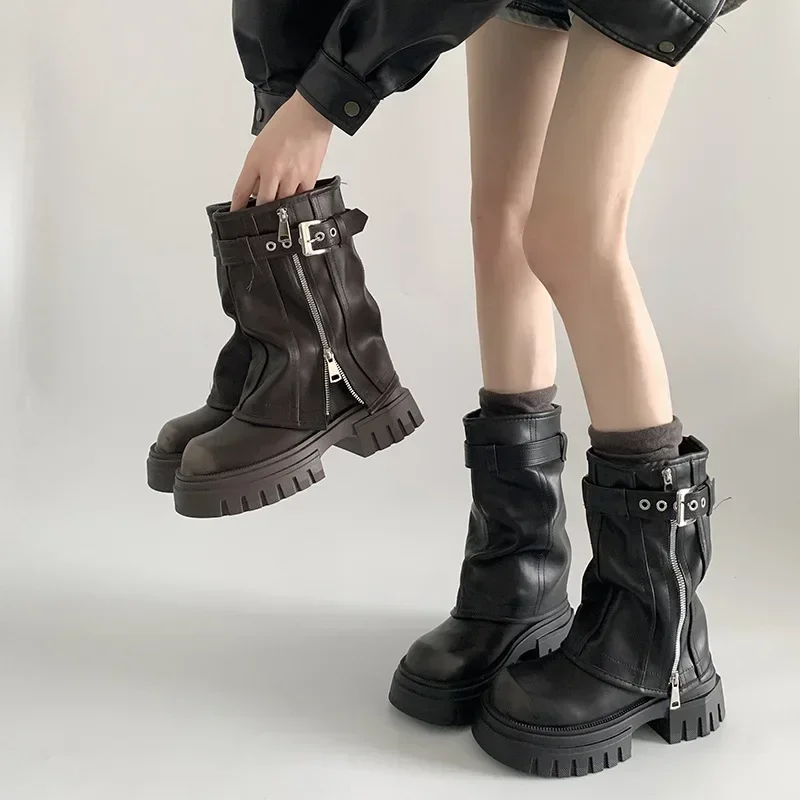 469385-fd83fe.jpg Winter Women Biker Boots Fashion Belt Buckle Ladies Elegant Platform Long Pipe Booties Casual Women's Knee High Booties2024 - Image 1