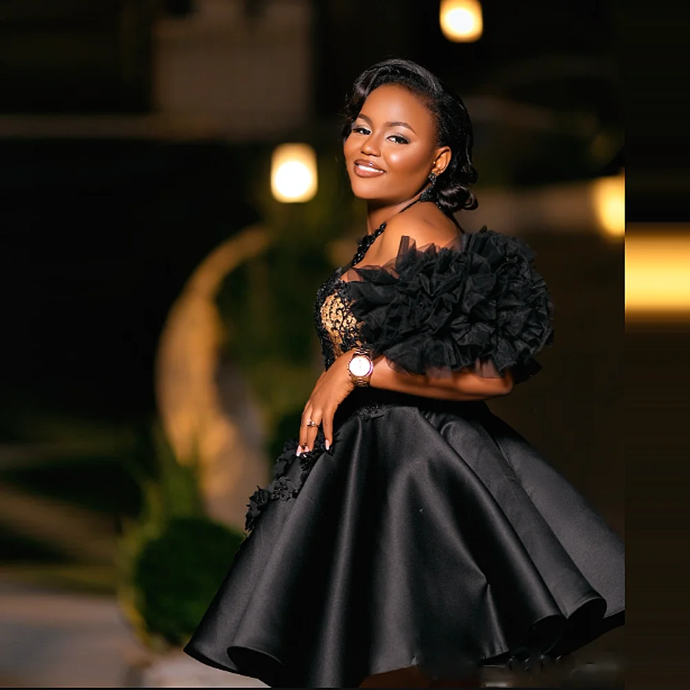 Plus Size Cocktail Dresses Sweetheart Off The Shoulder Handmade Flowers Aso Ebi Prom Party Dress Girls Black Robe De Soiree