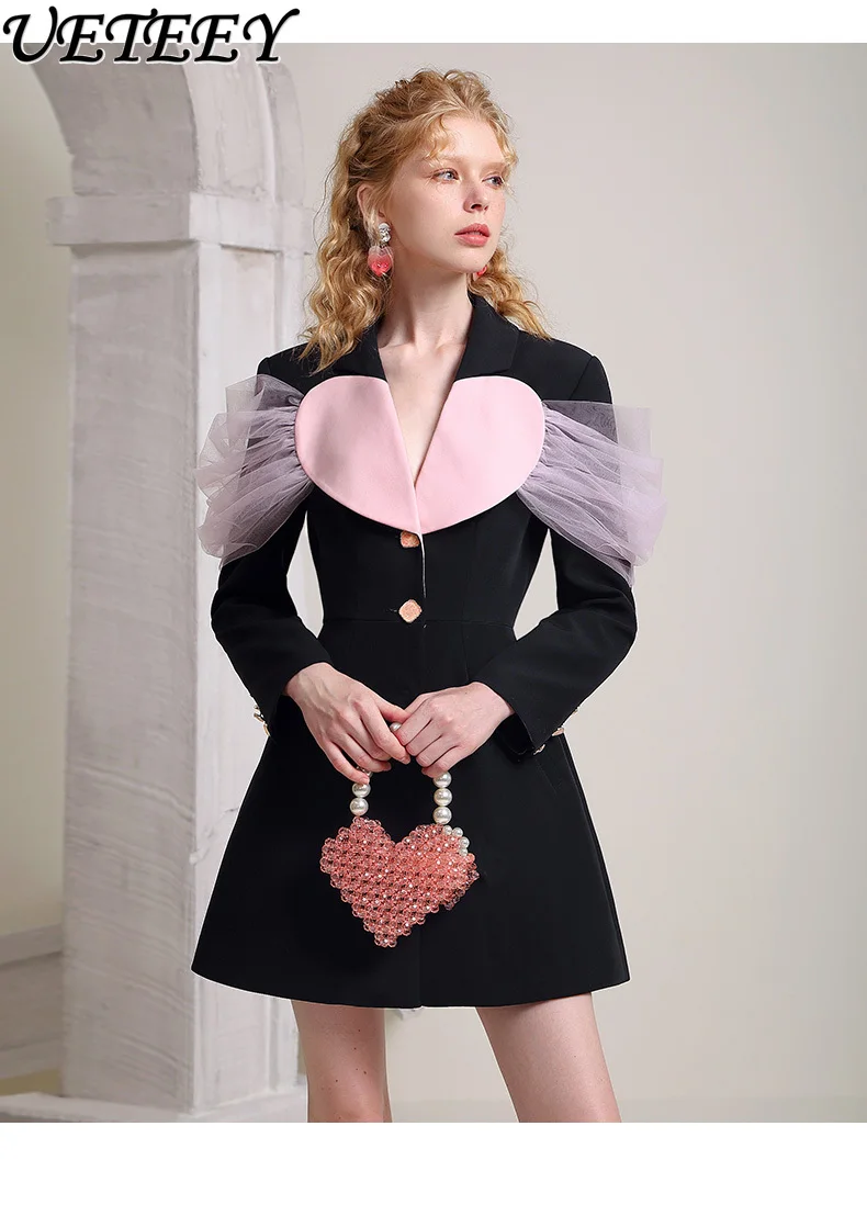 

High-End Suit Dress Women 2024 Spring Autumn Sweet Pink Love Mesh Stitching Commuter Office Ladies Slim Waist Black Short Dress